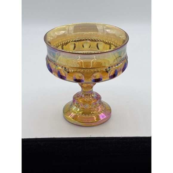 Kings Crown Indiana IRIDESCENT AMBER MARIGOLD Carnival Glass Candy Dish Compote - Picture 2 of 9